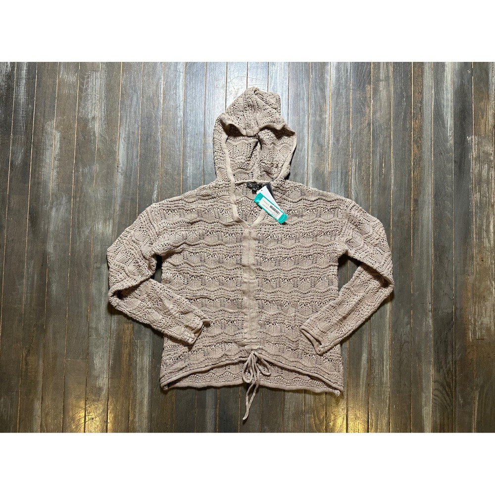 Lety & Me Womens Taupe Beige Open Knit Hooded Sweater Drawstring Hem Size Medium